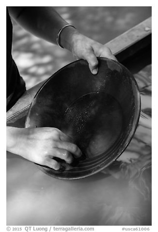 Hands holding pan, Gold Bug Mine, Placerville. California, USA (black and white)