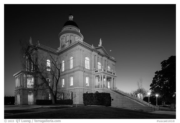 Placer County Courthouse at dusk with crescent moon, Auburn. Califoxrnia, USA (black and white)