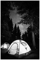 Lighted tents, forest, and Milky Way, Prosser Ranch Group Campground, Tahoe National Forest. California, USA ( black and white)