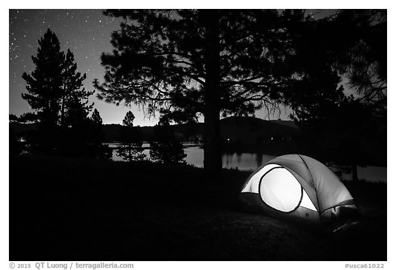 Tent and Prosser Reservoir at night, Tahoe National Forest. California, USA (black and white)