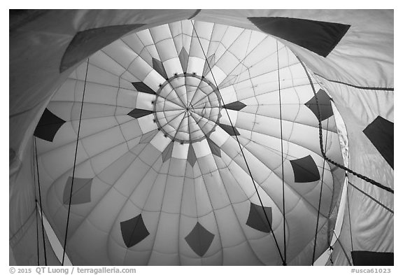 Looking up inside yellow hot air balloon. California, USA (black and white)