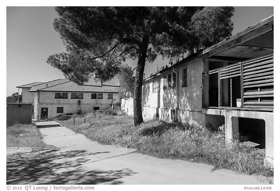Nuestra Señora Reina de la Paz buildings, Cesar Chavez National Monument, Keene. California, USA (black and white)
