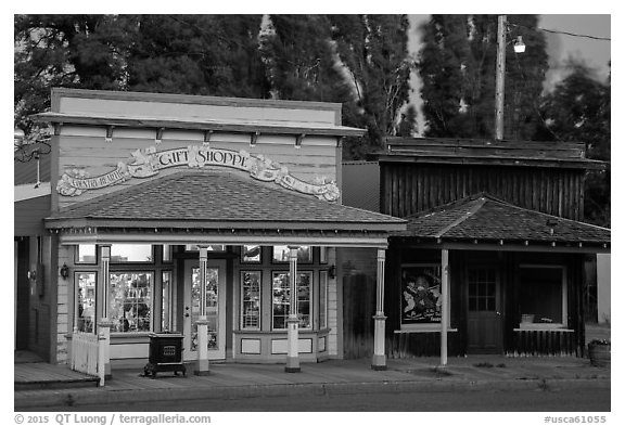 Gift shop and historic buildings, Cedarville. California, USA (black and white)