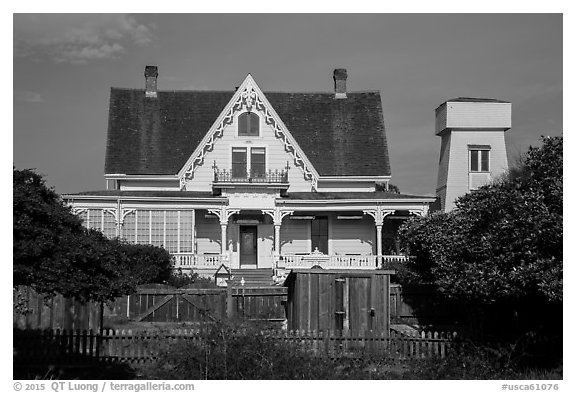 House and tower. Mendocino, California, USA (black and white)