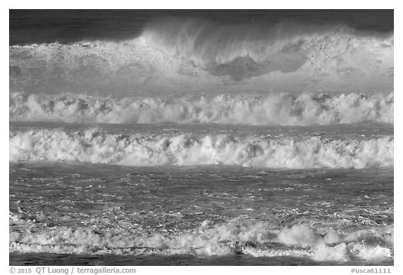 Giant waves breaking offshore. Half Moon Bay, California, USA (black and white)