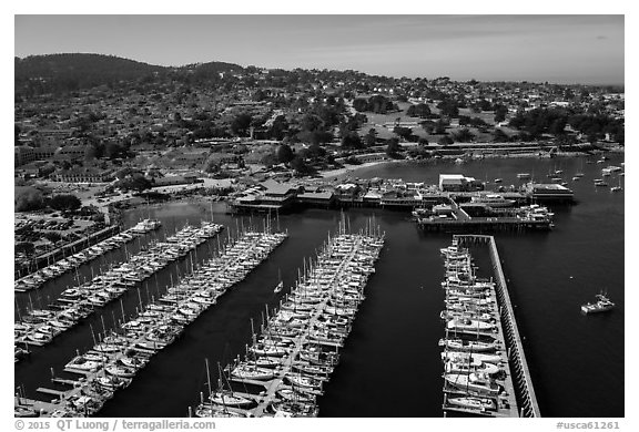 Aerial view of harbor. Monterey, California, USA (black and white)