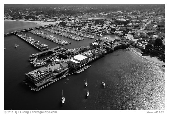 Aerial view of wharf and harbor. Monterey, California, USA (black and white)