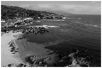 Aerial view of beach and costline, Cypress Point. Pebble Beach, California, USA ( black and white)