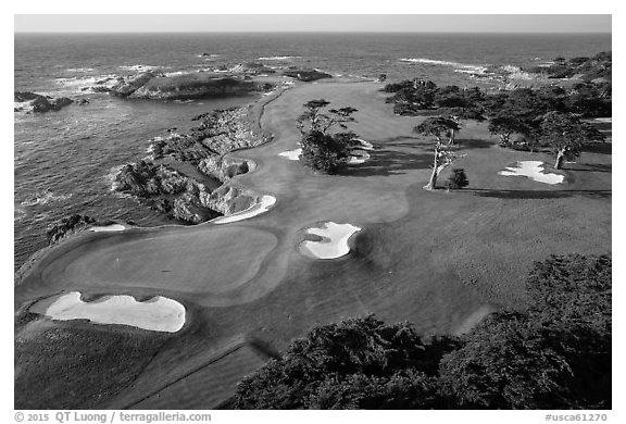 Aerial view of golf course on edge of coast. Pebble Beach, California, USA (black and white)