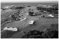Aerial view of golf course on edge of coast. Pebble Beach, California, USA ( black and white)