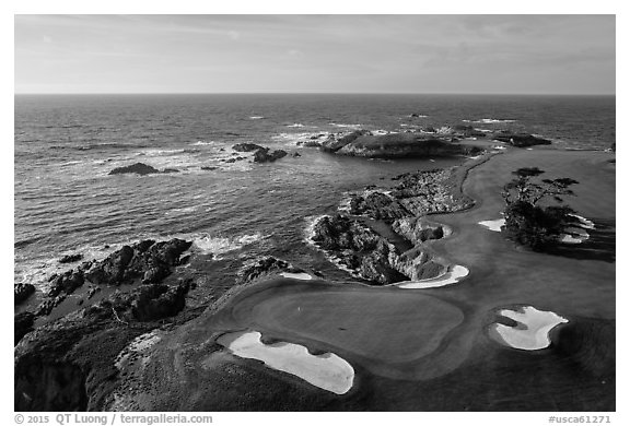 Aerial view of Cypress Point golf course. Pebble Beach, California, USA (black and white)