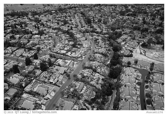 Aerial view of Meadowlands and Villages after hailstorm. San Jose, California, USA (black and white)