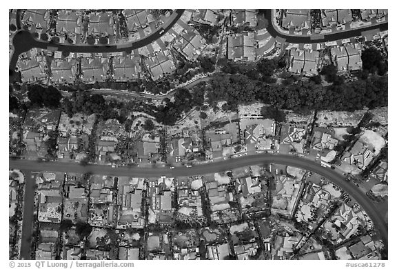 Aerial view of Meadowlands with hail. San Jose, California, USA (black and white)