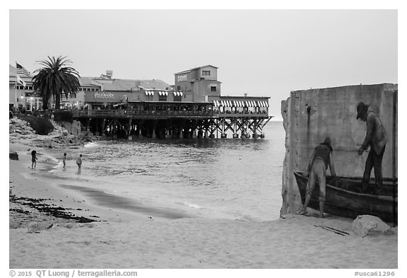 Beach near Cannery Row on cloudy day. Monterey, California, USA (black and white)