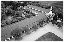 Aerial view of Mission San Juan arcades and church. San Juan Bautista, California, USA ( black and white)