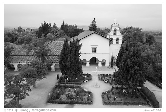 Aerial view of Mission San Juan church. San Juan Bautista, California, USA (black and white)