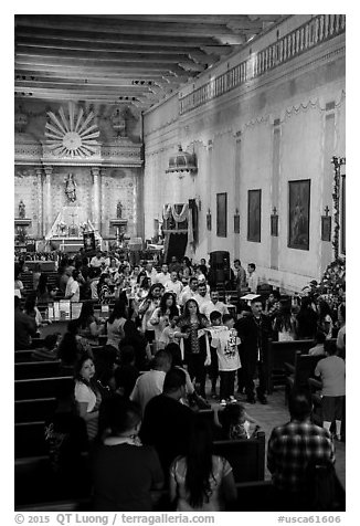 Church interior during festival, Mission San Miguel. California, USA (black and white)
