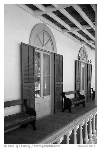 Zanetta House porch, San Juan Bautista State Historical Park. San Juan Bautista, California, USA (black and white)