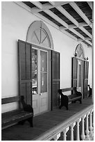Zanetta House porch, San Juan Bautista State Historical Park. San Juan Bautista, California, USA ( black and white)