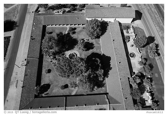 Aerial view of the four walls of Mission San Miguel. California, USA (black and white)