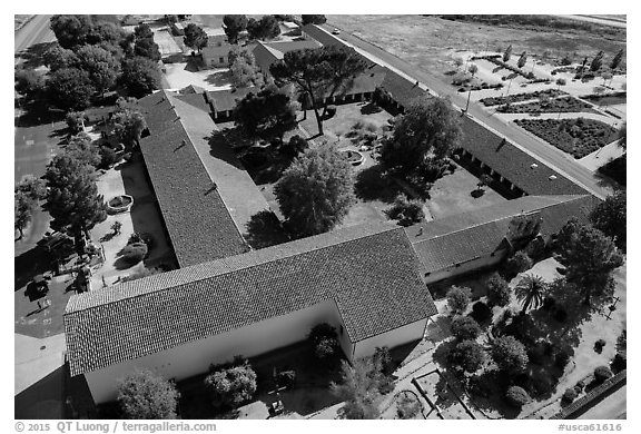 Aerial view of Mission San Miguel complex. California, USA (black and white)