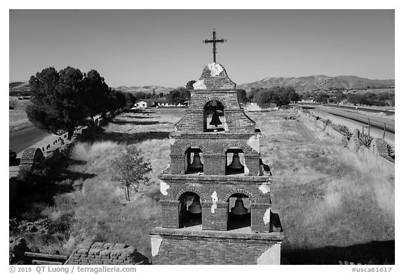 Aerial view of Mission San Miguel bell tower. California, USA (black and white)