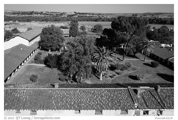 Aerial view of Mission San Miguel rooftops, church, and courtyard. California, USA (black and white)