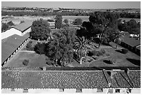 Aerial view of Mission San Miguel rooftops, church, and courtyard. California, USA ( black and white)