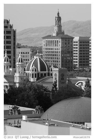 Rooftops of Tech Museum, San Jose Museum of Art, St Joseph Cathedral, and Bank of Italy building. San Jose, California, USA (black and white)
