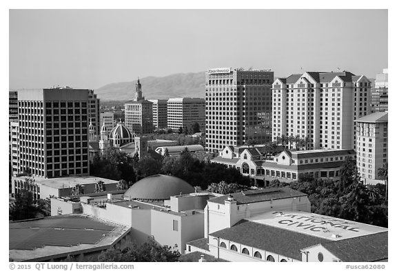 Rooftops and skyline with San Jose landmark buildings. San Jose, California, USA (black and white)