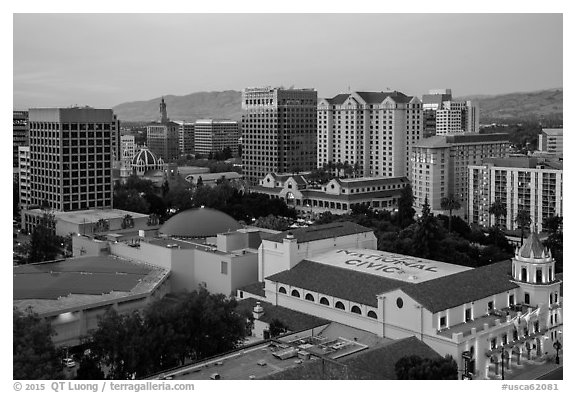 City National Civic and skyline at dusk from above. San Jose, California, USA (black and white)