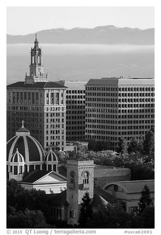 San Jose landmarks: Museum of Art, St Joseph Cathedral, Bank of Italy building. San Jose, California, USA (black and white)