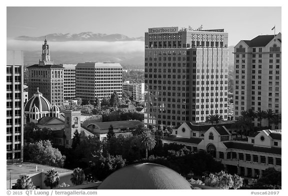 San Jose landmark buildings around Plaza de Cesar Chavez. San Jose, California, USA (black and white)
