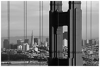 Golden Gate Bridge pillar and San Francisco skyline. San Francisco, California, USA ( black and white)
