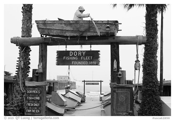 Dory Fishing Fleet fishing cooperative. Newport Beach, Orange County, California, USA (black and white)