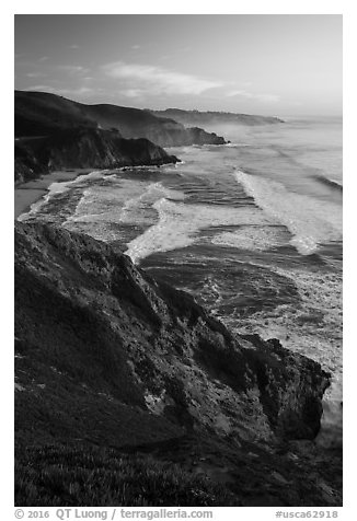 Coastline, Grey Whale Cove, and Montara, sunset. San Mateo County, California, USA (black and white)