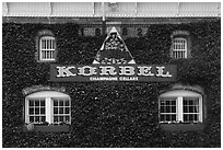 Korbel Champagne Cellars facade with ivy, Guerneville. California, USA ( black and white)