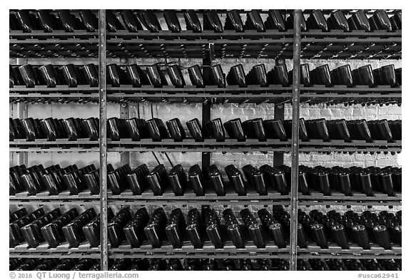 Bottles on rack, Korbel Champagne Cellars, Guerneville. California, USA (black and white)