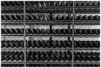 Bottles on rack, Korbel Champagne Cellars, Guerneville. California, USA ( black and white)