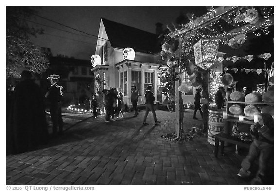 House with Halloween party. Petaluma, California, USA (black and white)