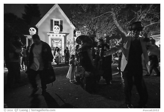 Revellers dance for Halloween. Petaluma, California, USA (black and white)