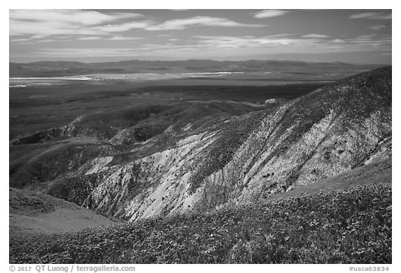 Soda Lake and Carrizo Plain from Temblor Range hills. Carrizo Plain National Monument, California, USA (black and white)