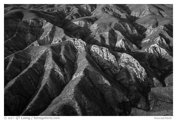Aerial view of Temblor Range ridges in springtime. Carrizo Plain National Monument, California, USA (black and white)