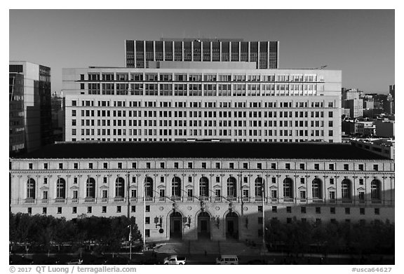 Aerial view of California State Building. San Francisco, California, USA (black and white)