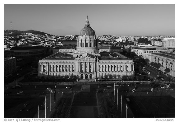 Aerial view of Civic Center Plaza and City Hall. San Francisco, California, USA (black and white)