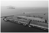 Aerial view of Pier 45 with SS Jeremiah OBrien. San Francisco, California, USA ( black and white)