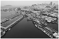 Aerial view of Fishermans Wharf and skyline. San Francisco, California, USA ( black and white)