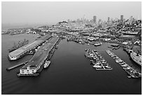 Aerial view of Pier 45 and Hyde Street Pier with skyline. San Francisco, California, USA ( black and white)