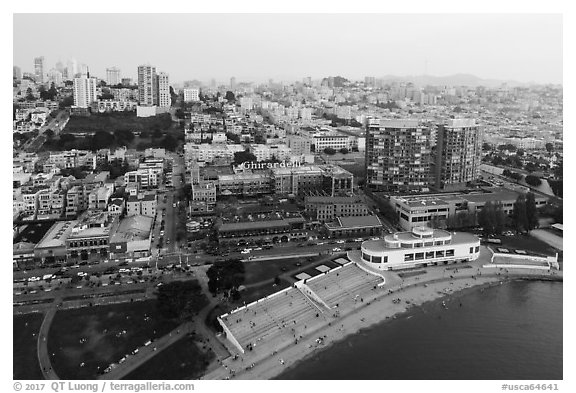 Aerial view of Maritime Museum and Ghirardelli Square. San Francisco, California, USA (black and white)