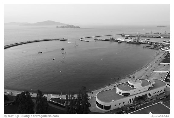 Aerial view of Maritime Museum and Aquatic Park. San Francisco, California, USA (black and white)